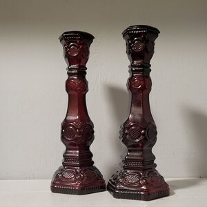 Vintage Rube Red Avon Glass Candleholders